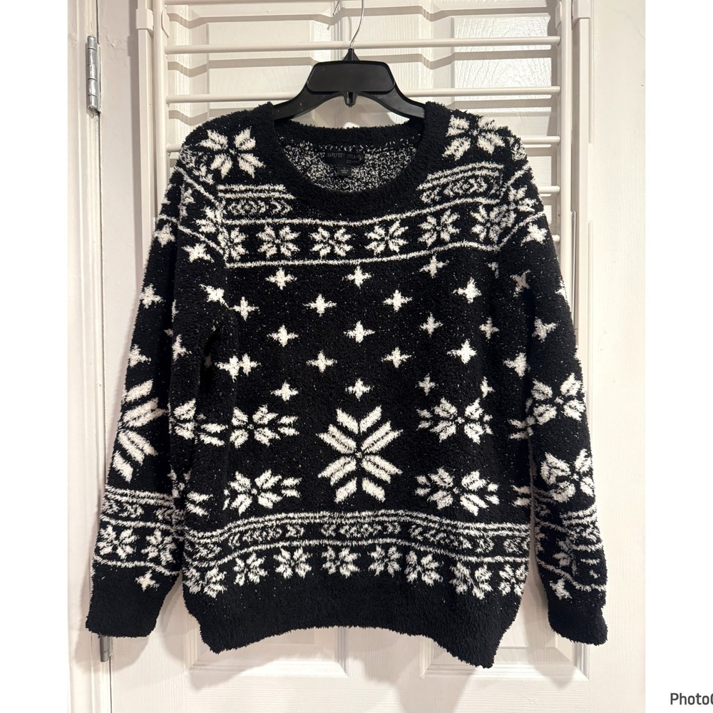 Barefoot Dreams CozyChic Black Fair Isle Seaside Crew-Neck Pullover Large